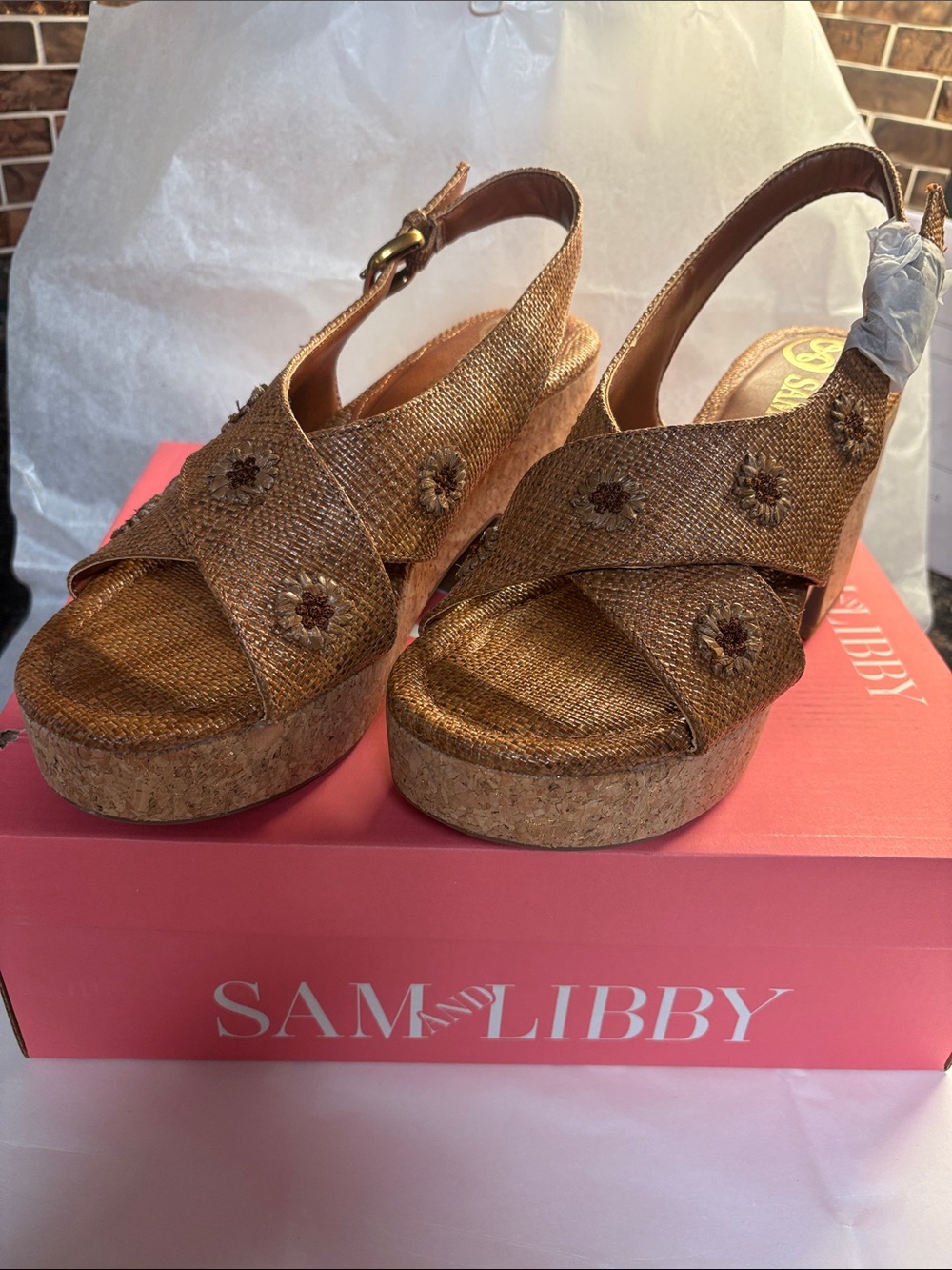 Sam & Libby Bronze Woven Cork Platform Slingback Wedges